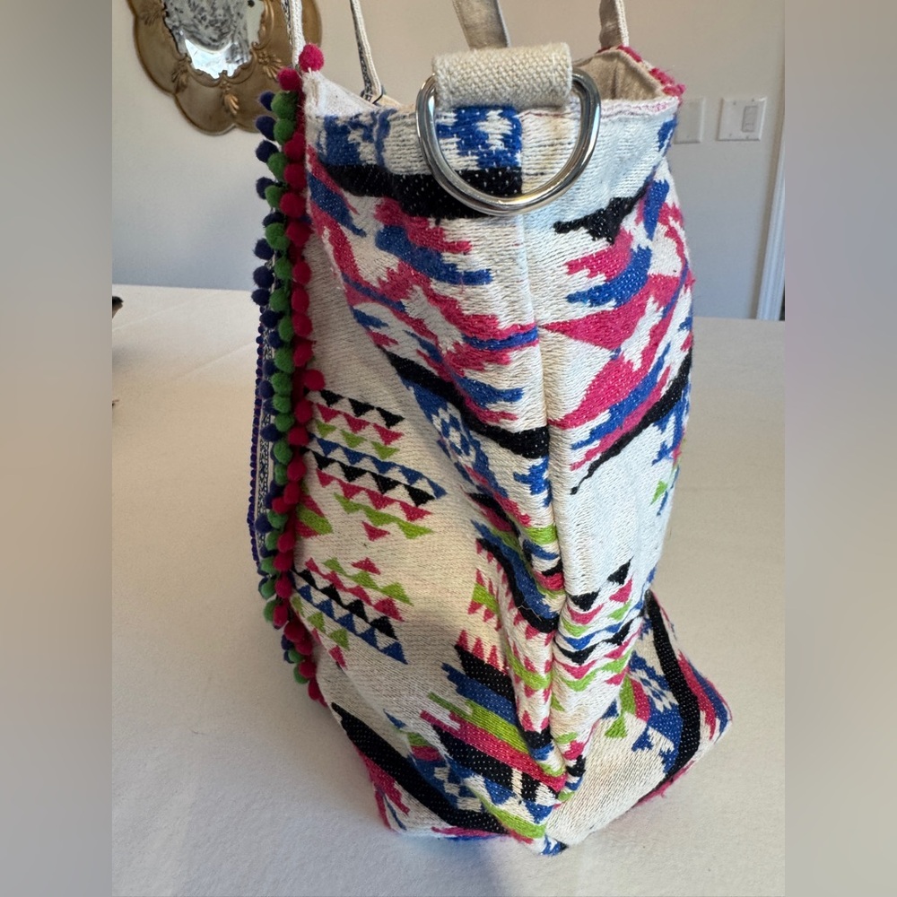 America & Beyond Hand Beaded Boho Tote Bag NWT Tribal Pom Pom Large Weekender - Picture 16 of 16